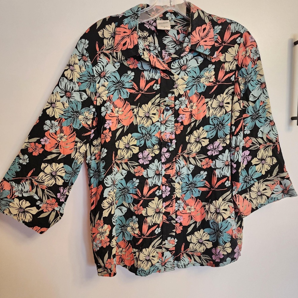 Blair Vintage 90s Black Floral Collared Blouse 3/4 Sleeve Rayon Top Small